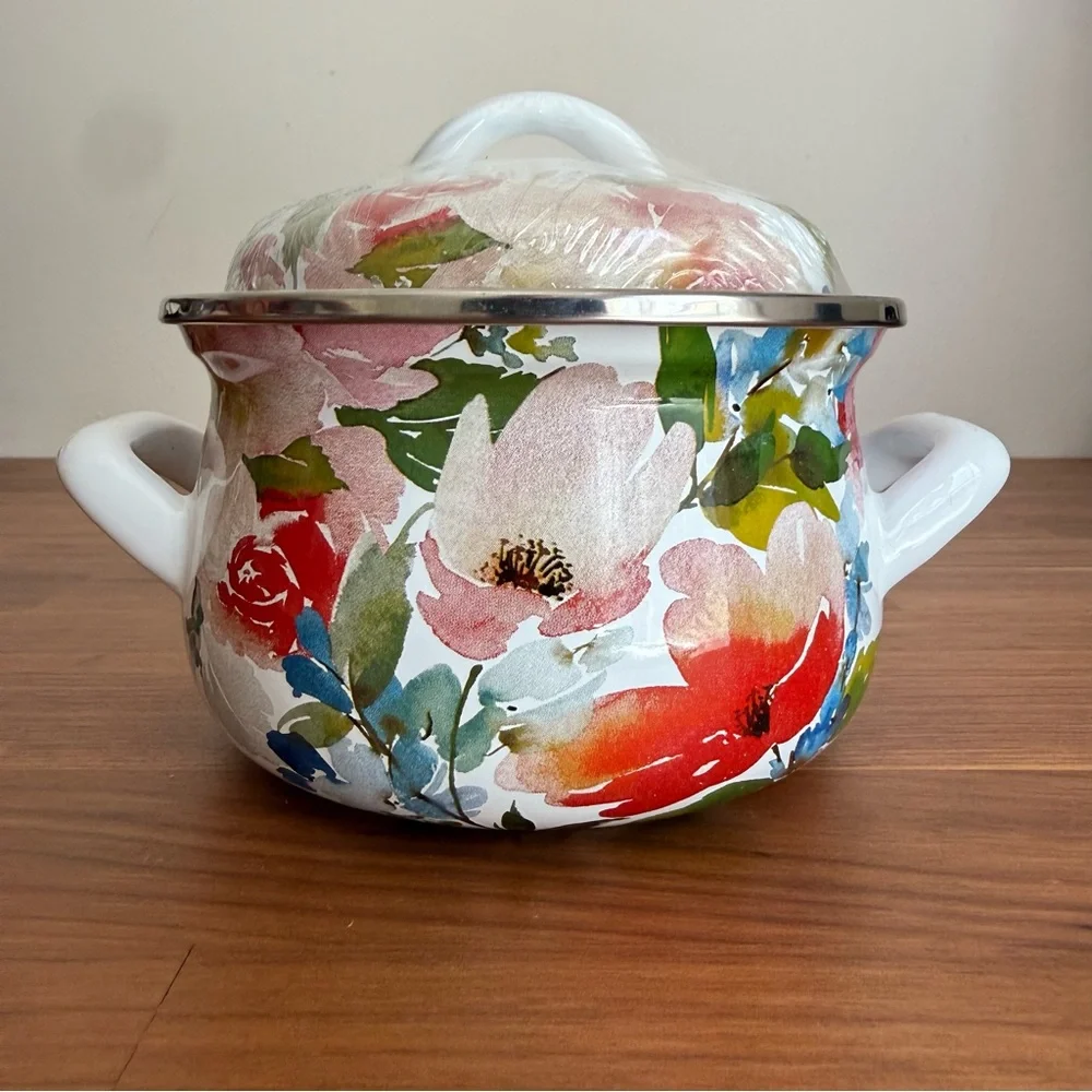 Brand New Crofton 1 Quart Mini Dutch Oven / Casserole Pot - Bright Floral Enamel